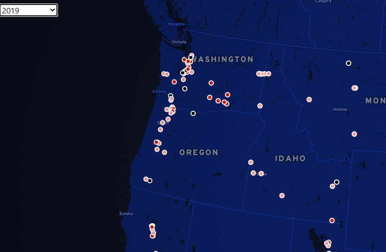 Webmap showing Washington, Oregon, and Idaho filtered to sho 2019 data